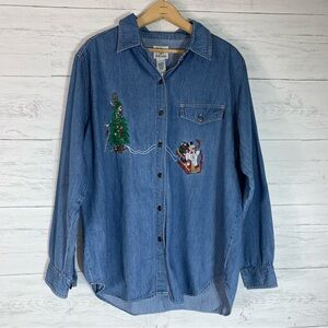 Vintage Nutcracker Christmas chambray button down embroidered shirt size L
